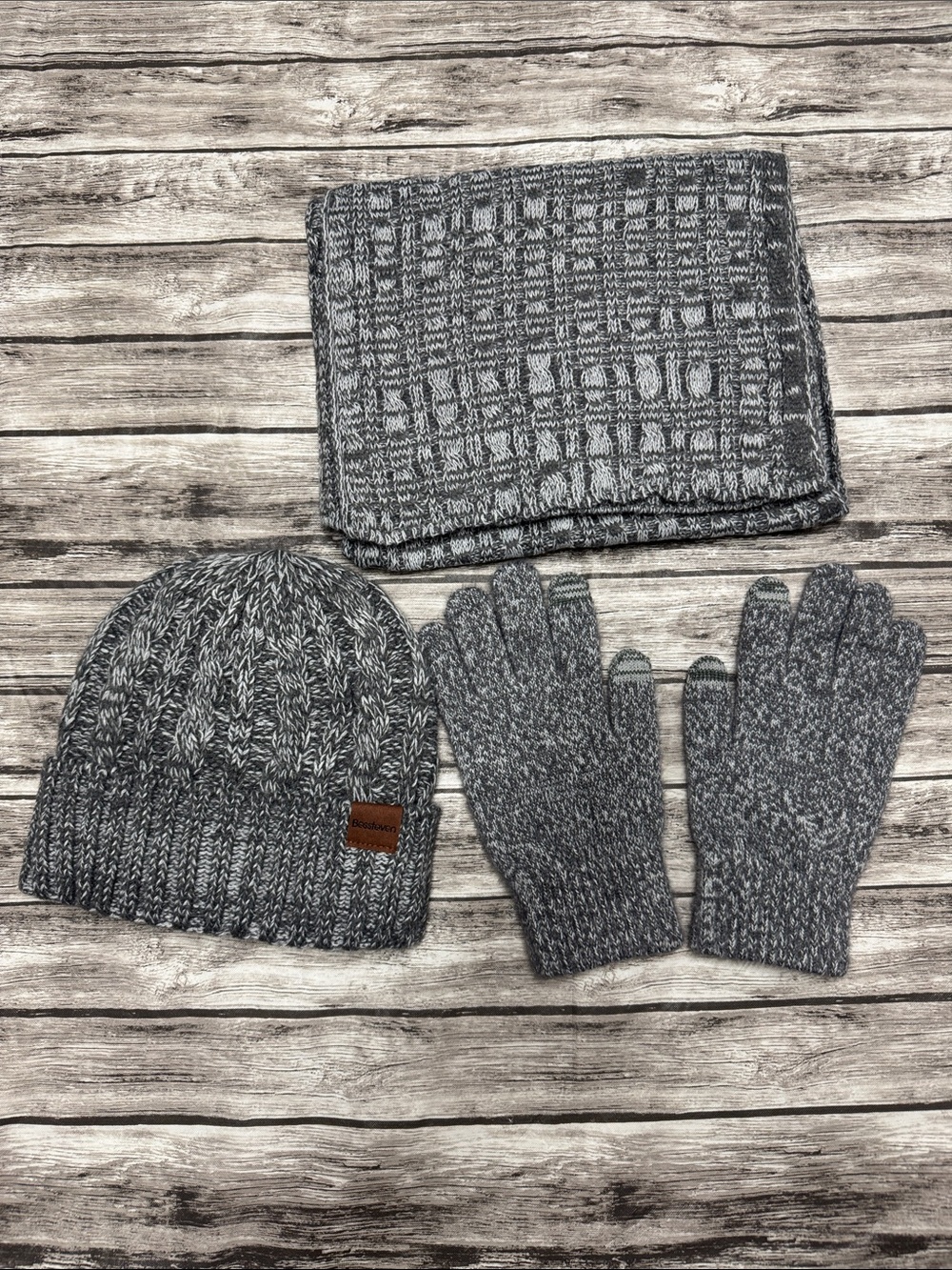 Bessteven Gray Knit Winter Beanie, Gloves & Scarf Set - Unisex